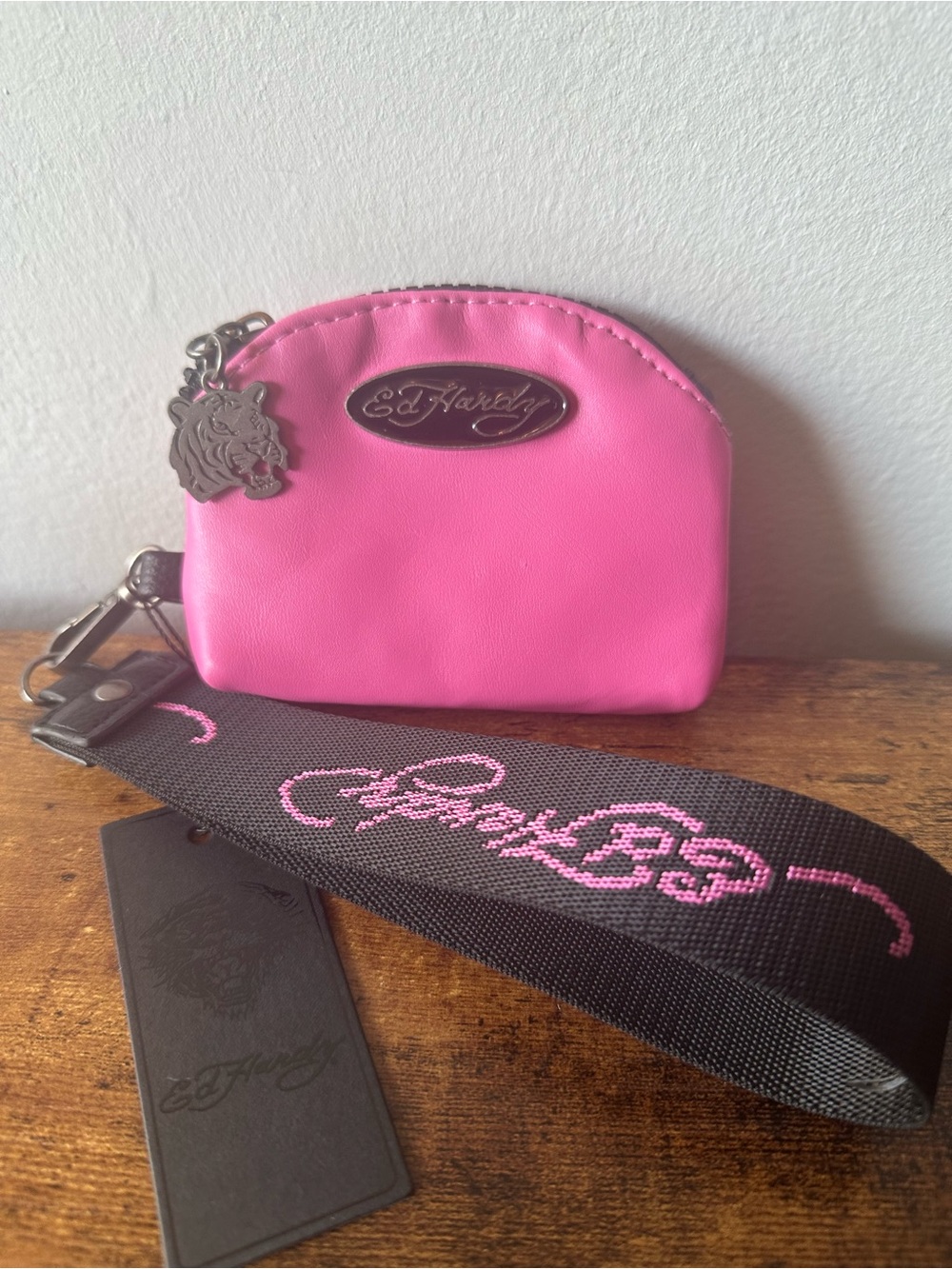 Ed Hardy Hot Pink Coin Pouch Wallet Wristlet with Black Logo & Pink Strap NWT